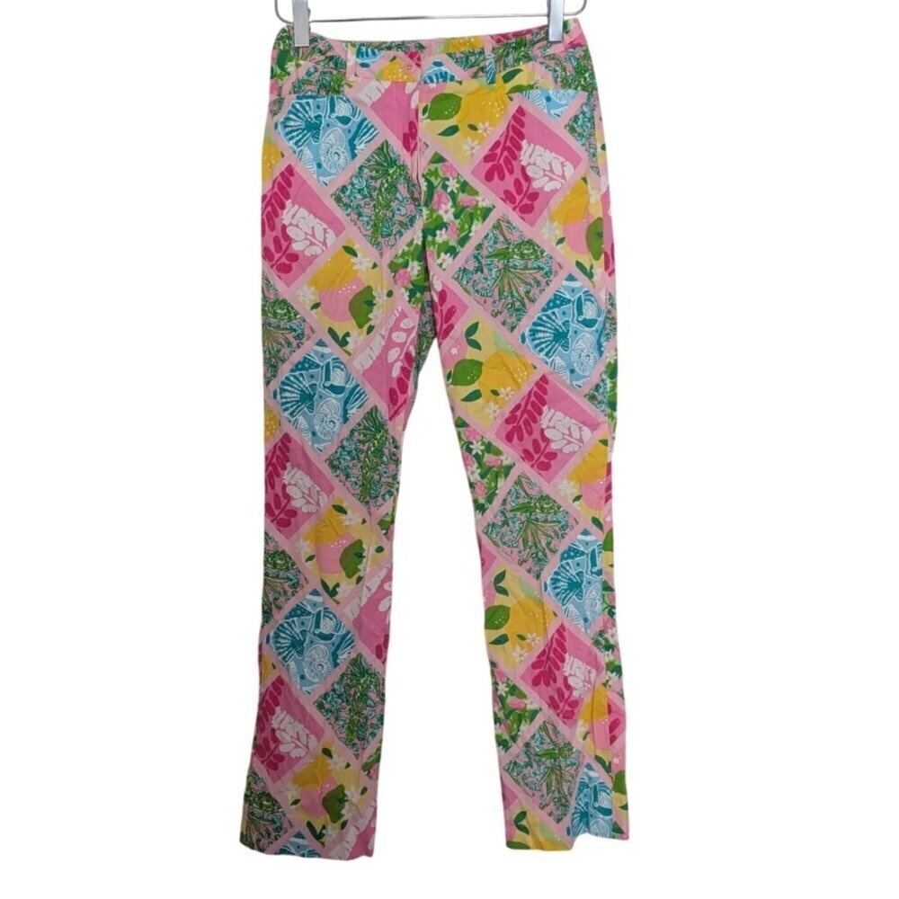 Vintage Lilly Pulitzer Patchwork Pants Womens Size 2 Pink Citrus Floral Stretch